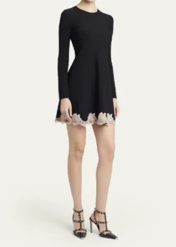 Valentino GaravaniLace-Trim Long-Sleeve Knit Mini Dress