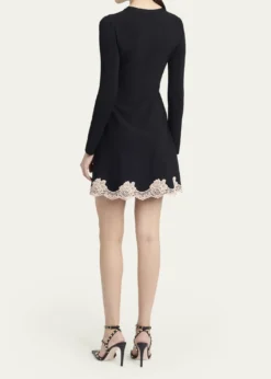Valentino GaravaniLace-Trim Long-Sleeve Knit Mini Dress
