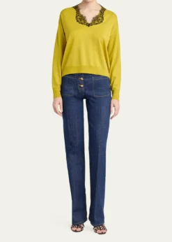 Valentino GaravaniLace-Trim V-Neck Cashmere Sweater