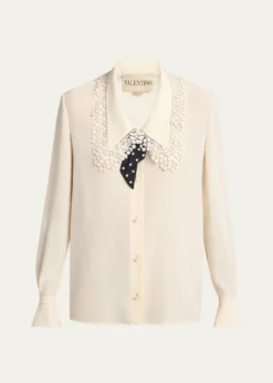 Valentino GaravaniLace-Trim Button-Down Silk Blouse With Polkadot Tie