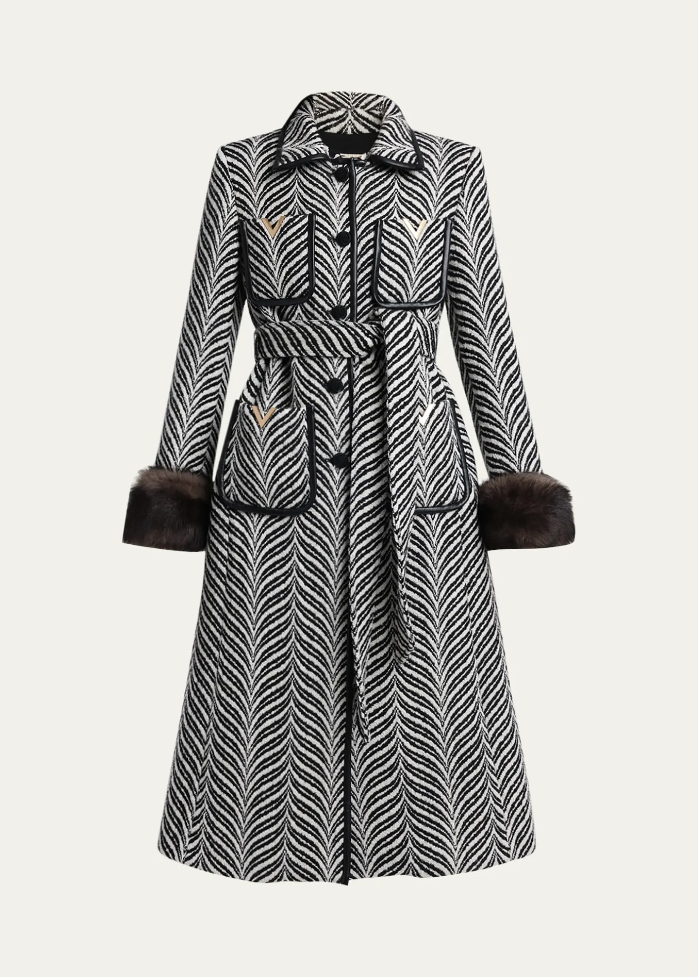 Valentino GaravaniLamb Shearling Cuff Belted Herringbone Coat