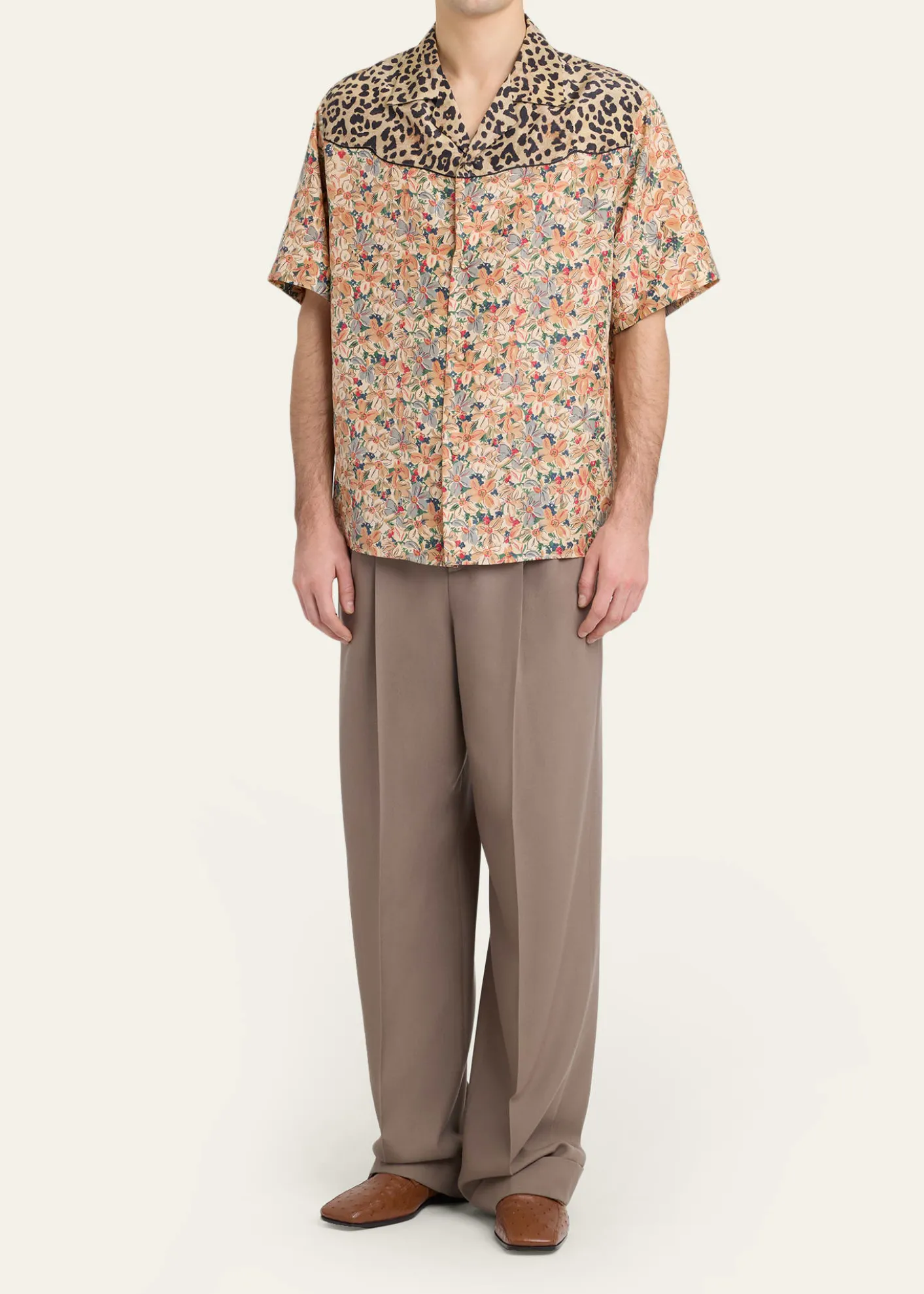 Valentino GaravaniMen's Leopard Floral Silk Camp Shirt