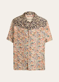 Valentino GaravaniMen's Leopard Floral Silk Camp Shirt
