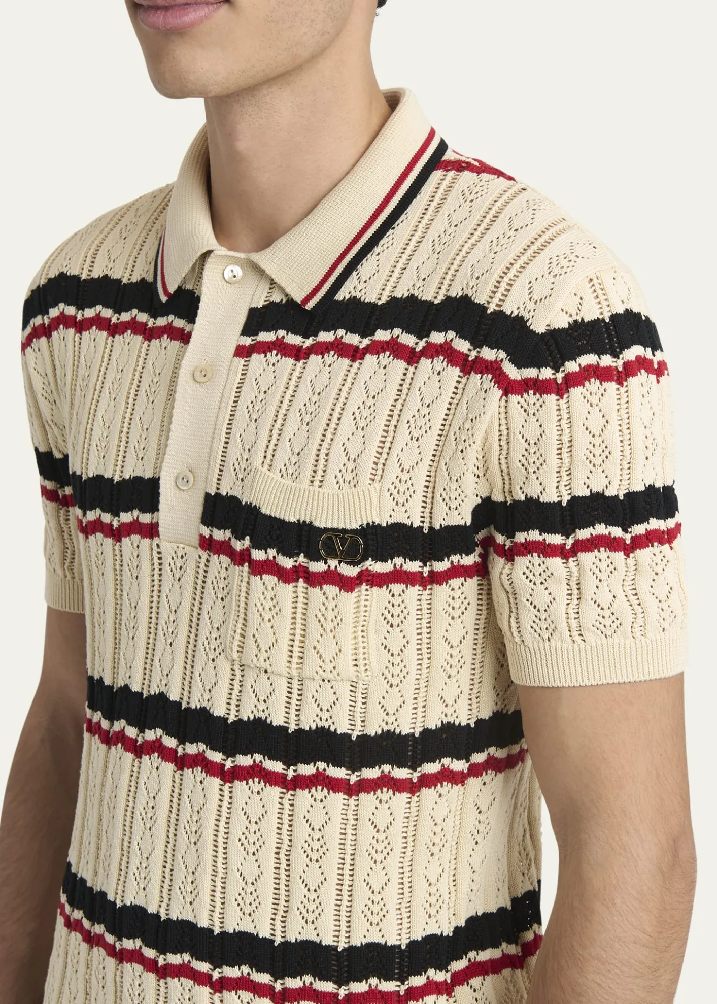 Valentino GaravaniMen's Stripe Cotton Eyelet VLogo-Pocket Polo Shirt