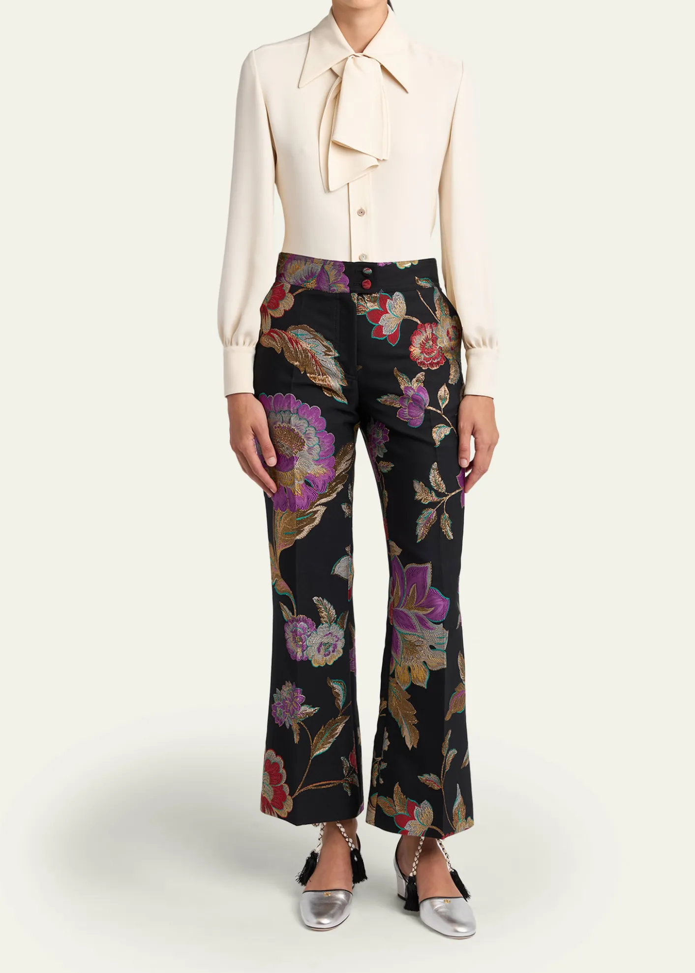 Valentino GaravaniMetallic Floral Jacquard Flare Ankle Pants