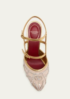 Valentino Garavani100mm VLogo Embellished Satin and Metallic Leather Pumps