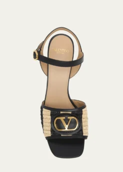 Valentino Garavani75mm VLogo Leather and Striped Raffia Ankle-Strap Sandals