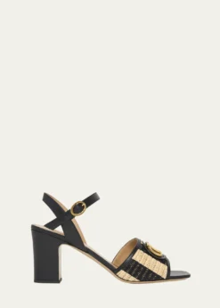 Valentino Garavani75mm VLogo Leather and Striped Raffia Ankle-Strap Sandals