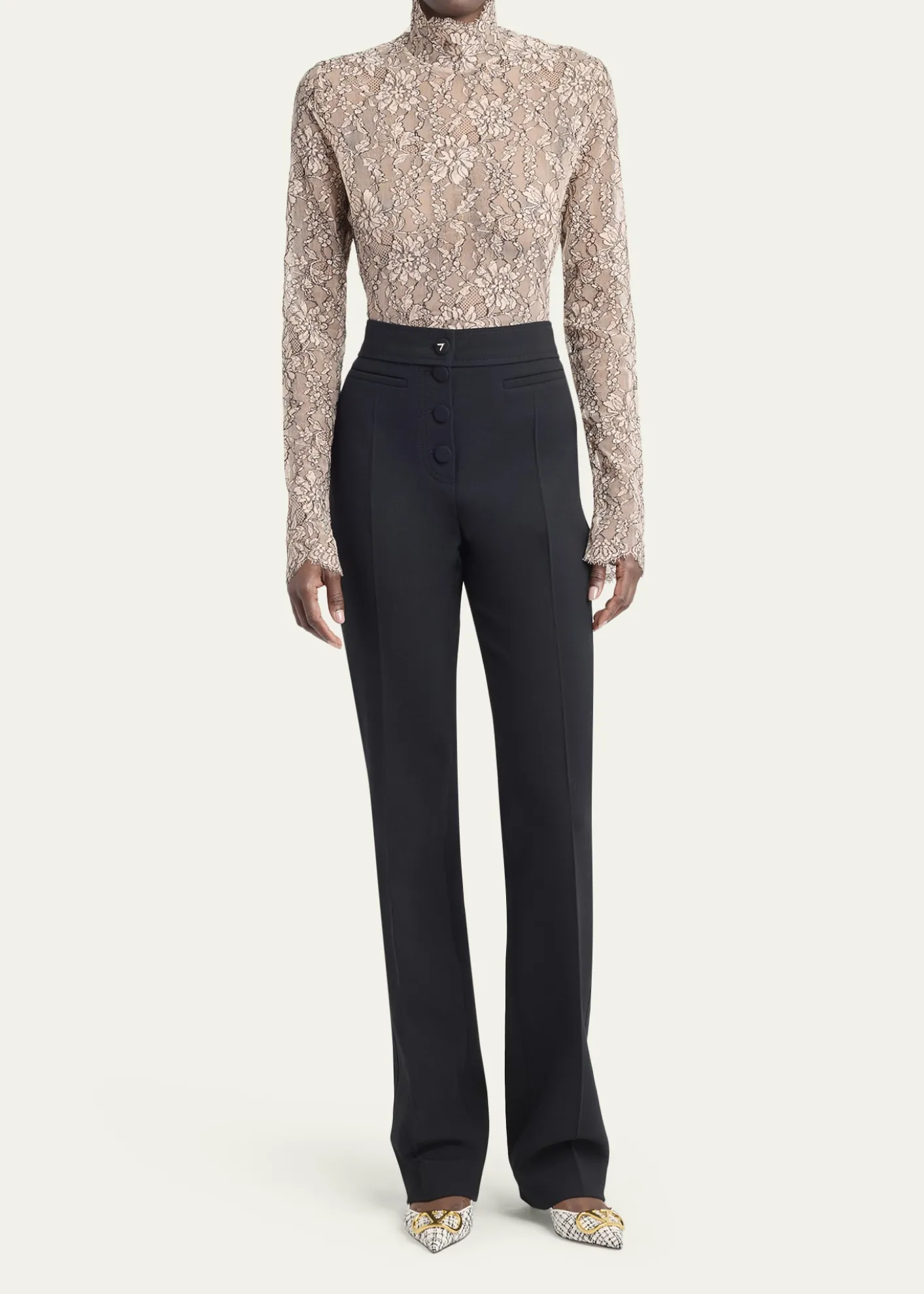 Valentino GaravaniMock-Neck Lace Jersey Long-Sleeve Bodysuit