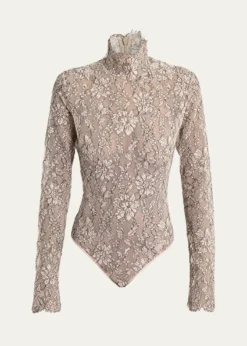 Valentino GaravaniMock-Neck Lace Jersey Long-Sleeve Bodysuit