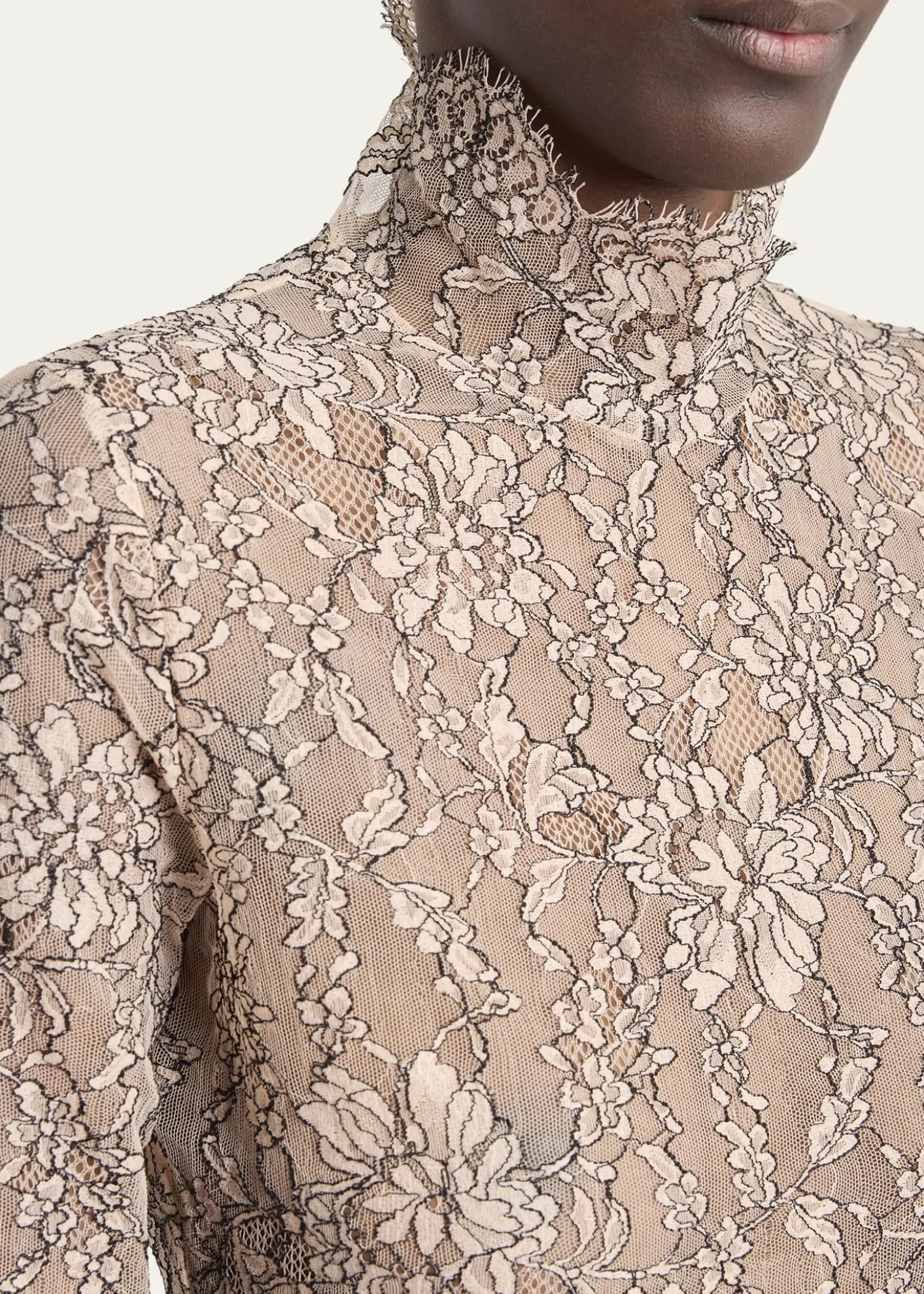 Valentino GaravaniMock-Neck Lace Jersey Long-Sleeve Bodysuit