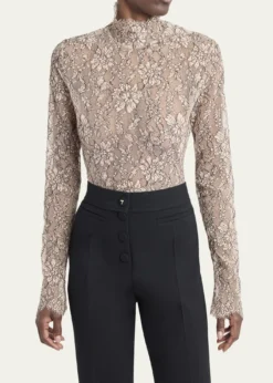 Valentino GaravaniMock-Neck Lace Jersey Long-Sleeve Bodysuit