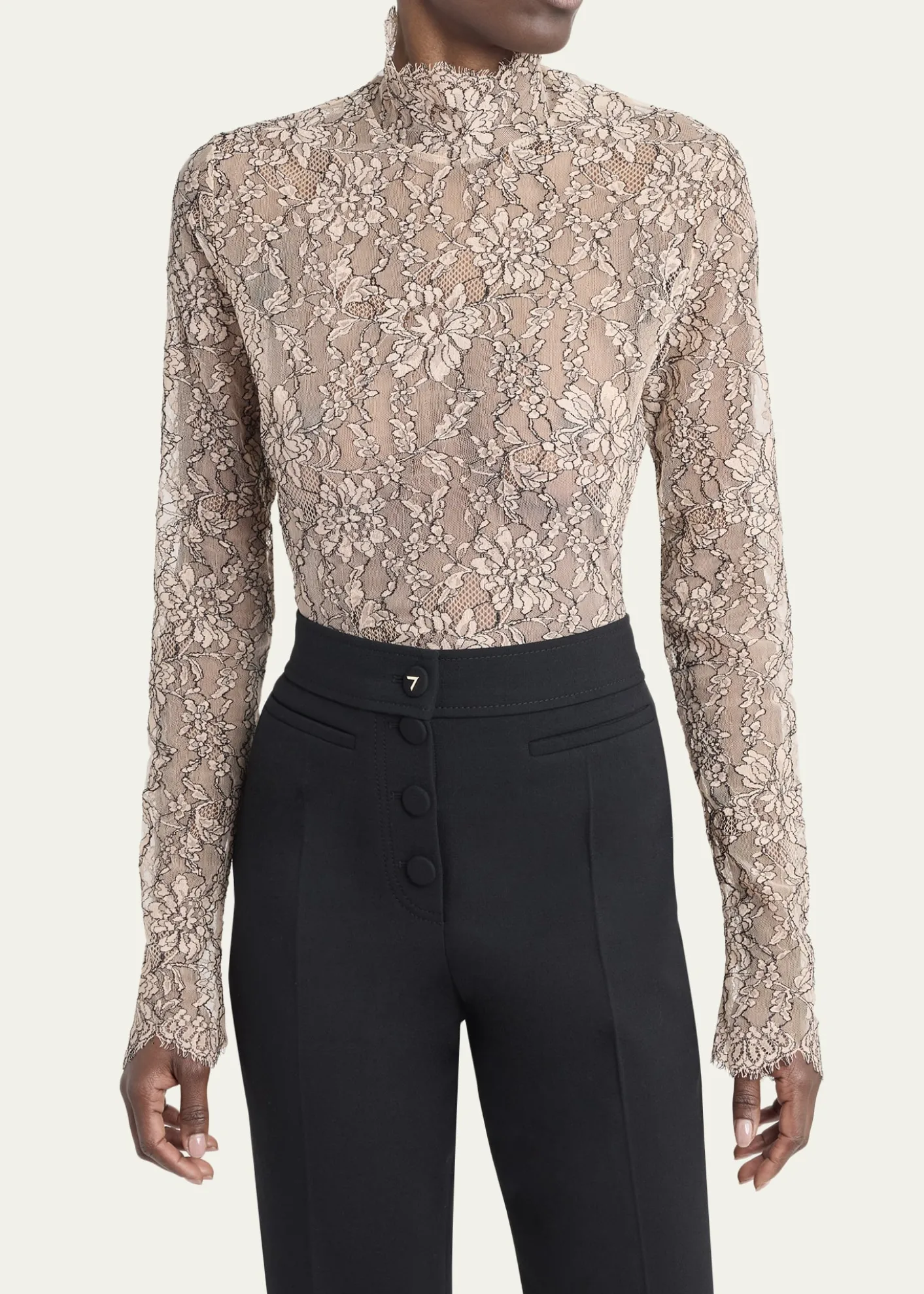 Valentino GaravaniMock-Neck Lace Jersey Long-Sleeve Bodysuit