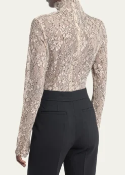 Valentino GaravaniMock-Neck Lace Jersey Long-Sleeve Bodysuit