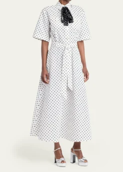 Valentino GaravaniPolkadot-Print Cotton Neck-Scarf Midi Shirtdress