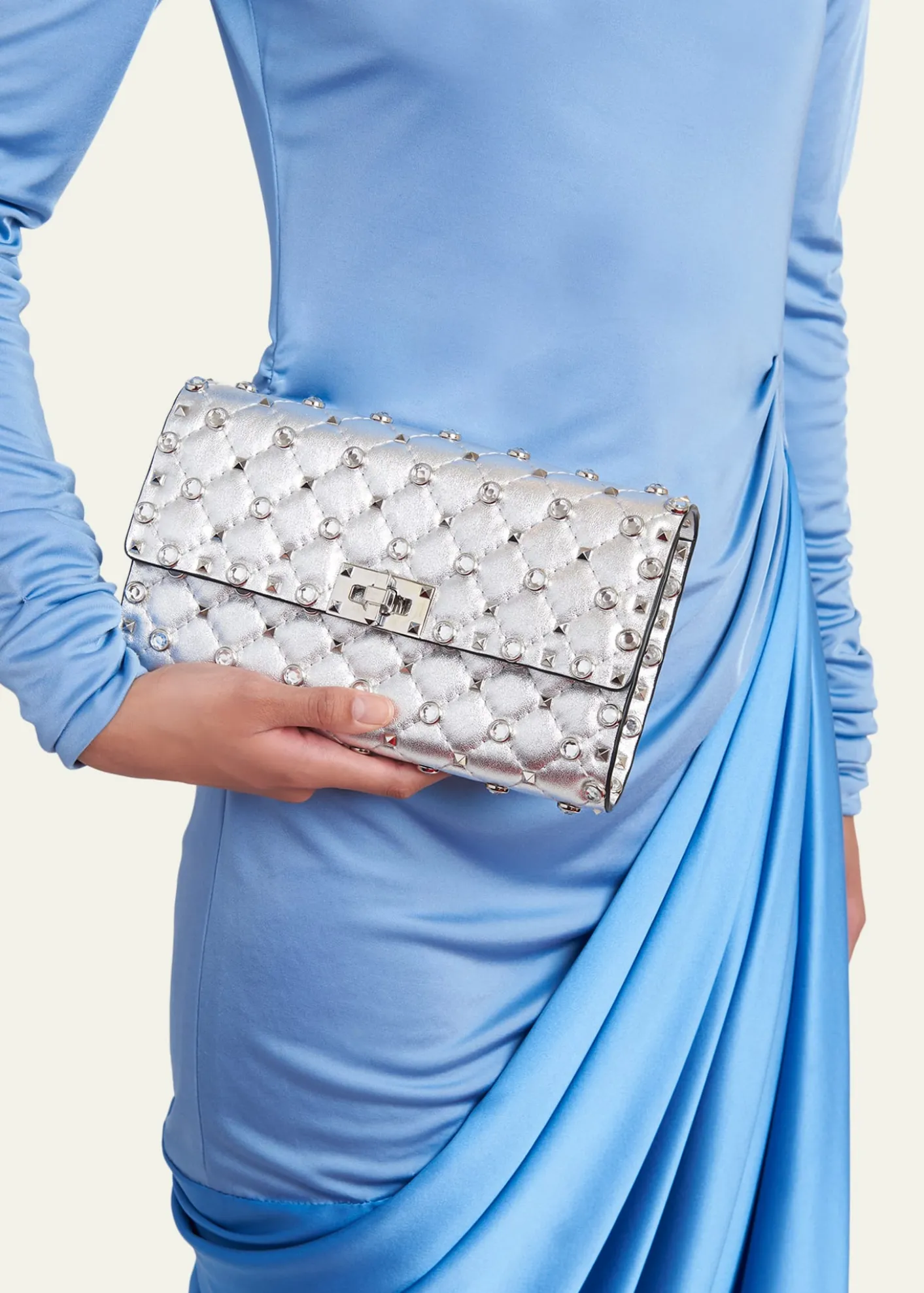 Valentino GaravaniQuilted Metallic Leather Rockstud & Rhinestone Shoulder Bag