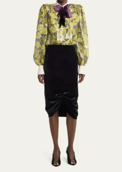 Valentino GaravaniRuched Velvety Midi Pencil Skirt