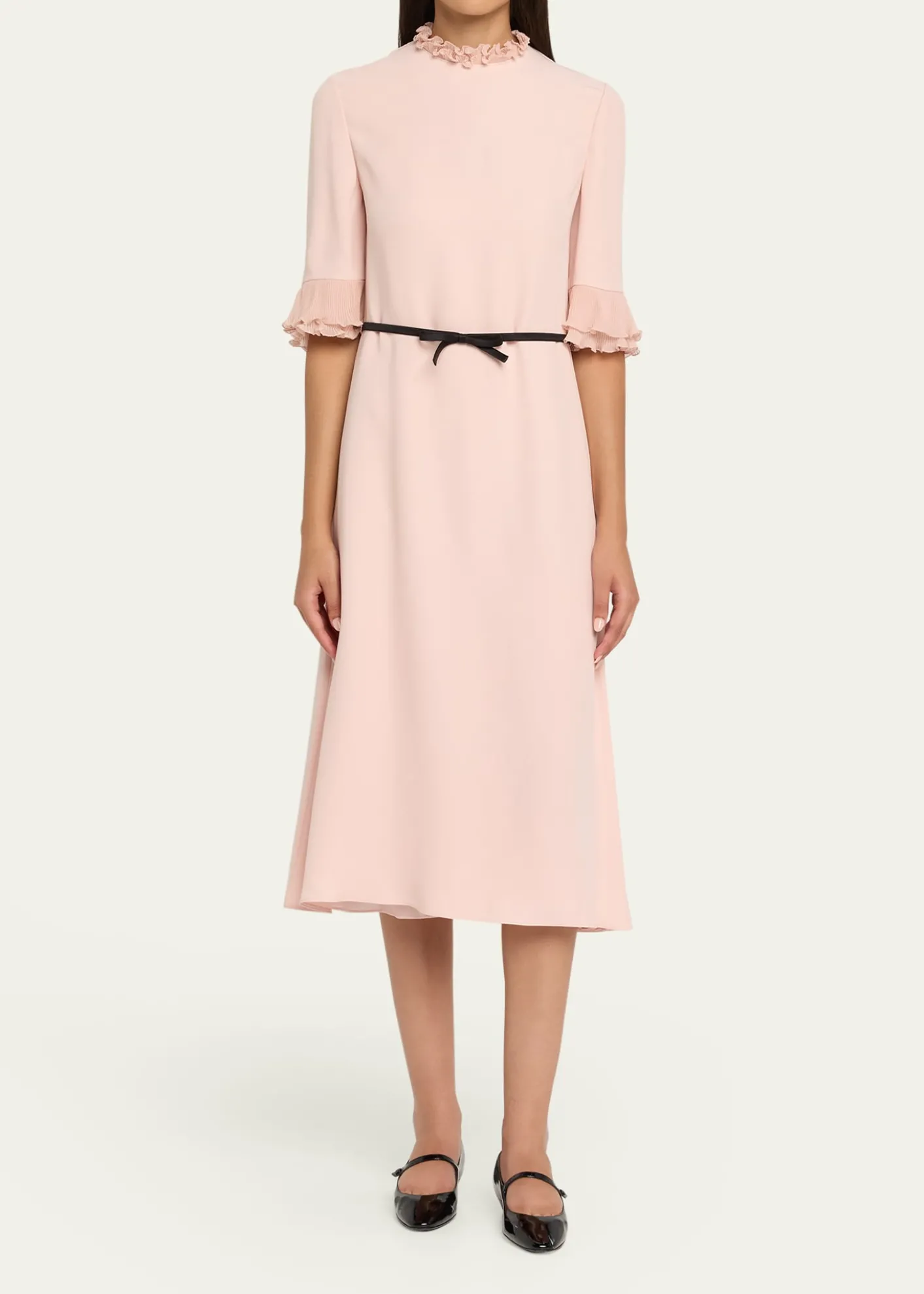 Valentino GaravaniRuffle 3/4-Sleeve Bow Midi Dress