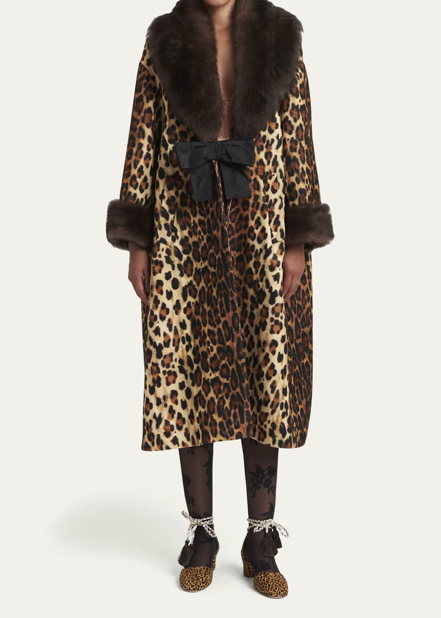 Valentino GaravaniSheep Shearling-Trim Leopard-Print Wool Oversized Coat