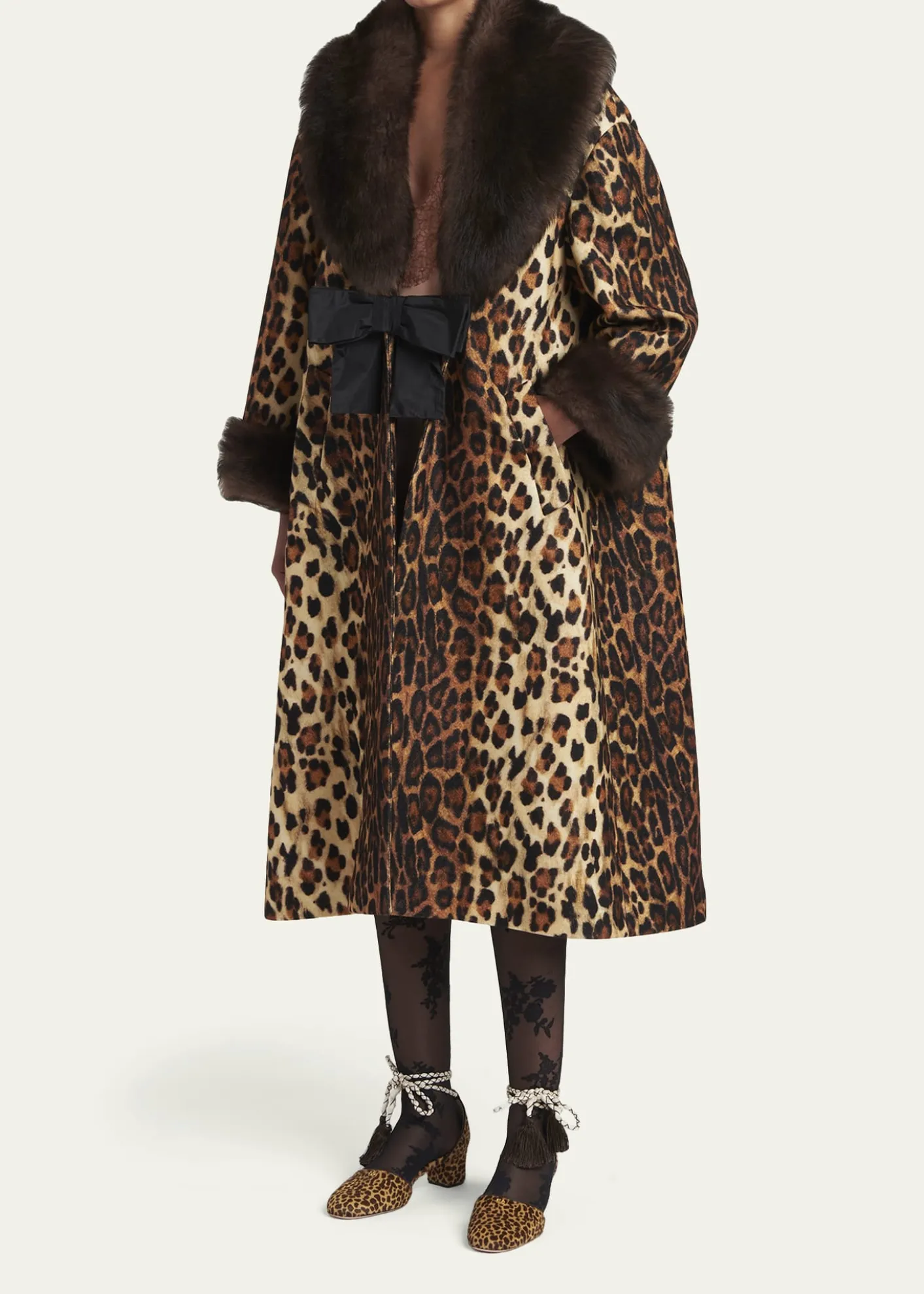 Valentino GaravaniSheep Shearling-Trim Leopard-Print Wool Oversized Coat