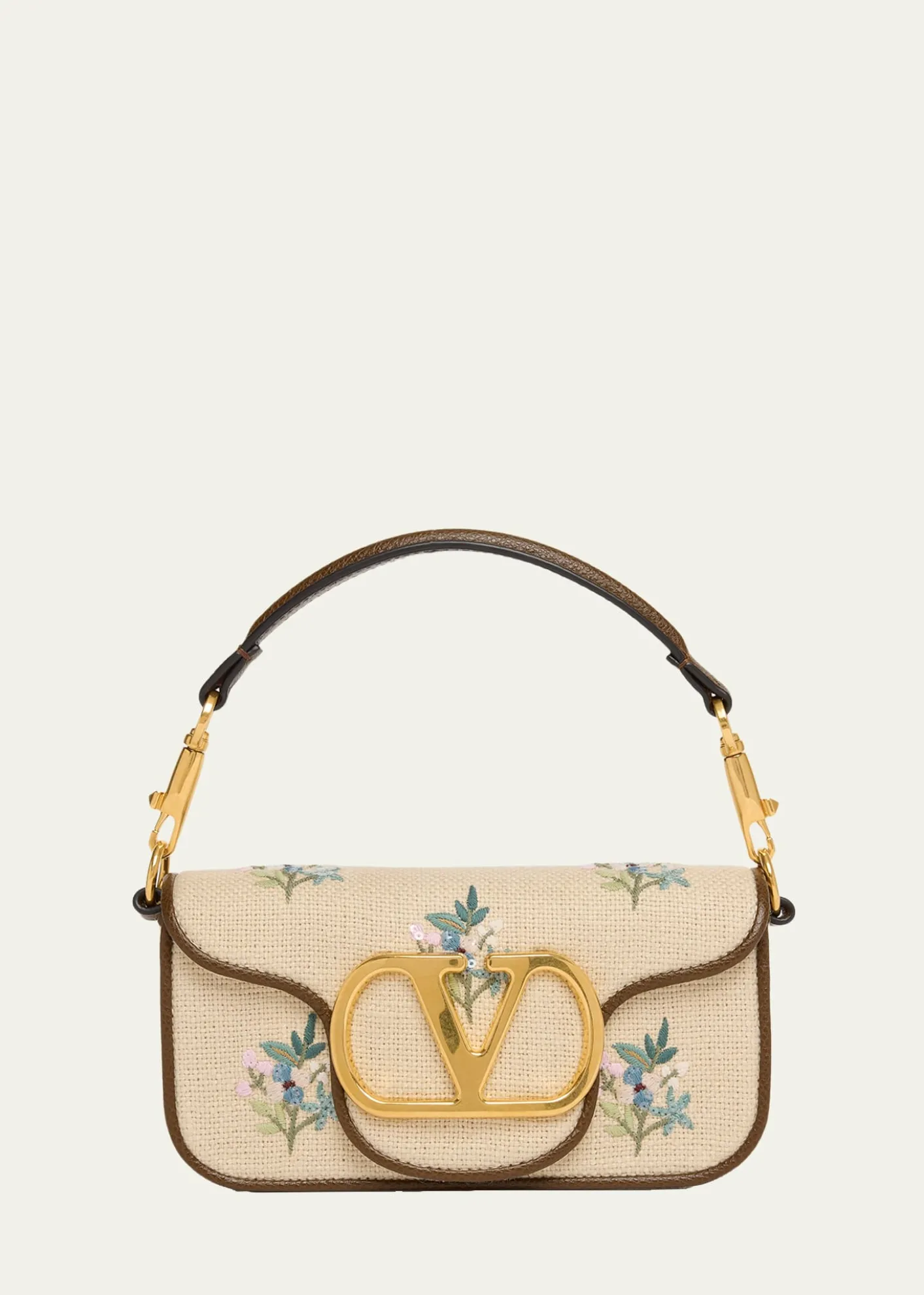 Valentino GaravaniSmall Floral-Embroidered Woven Flax Shoulder Bag