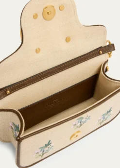 Valentino GaravaniSmall Floral-Embroidered Woven Flax Shoulder Bag
