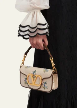 Valentino GaravaniSmall Floral-Embroidered Woven Flax Shoulder Bag