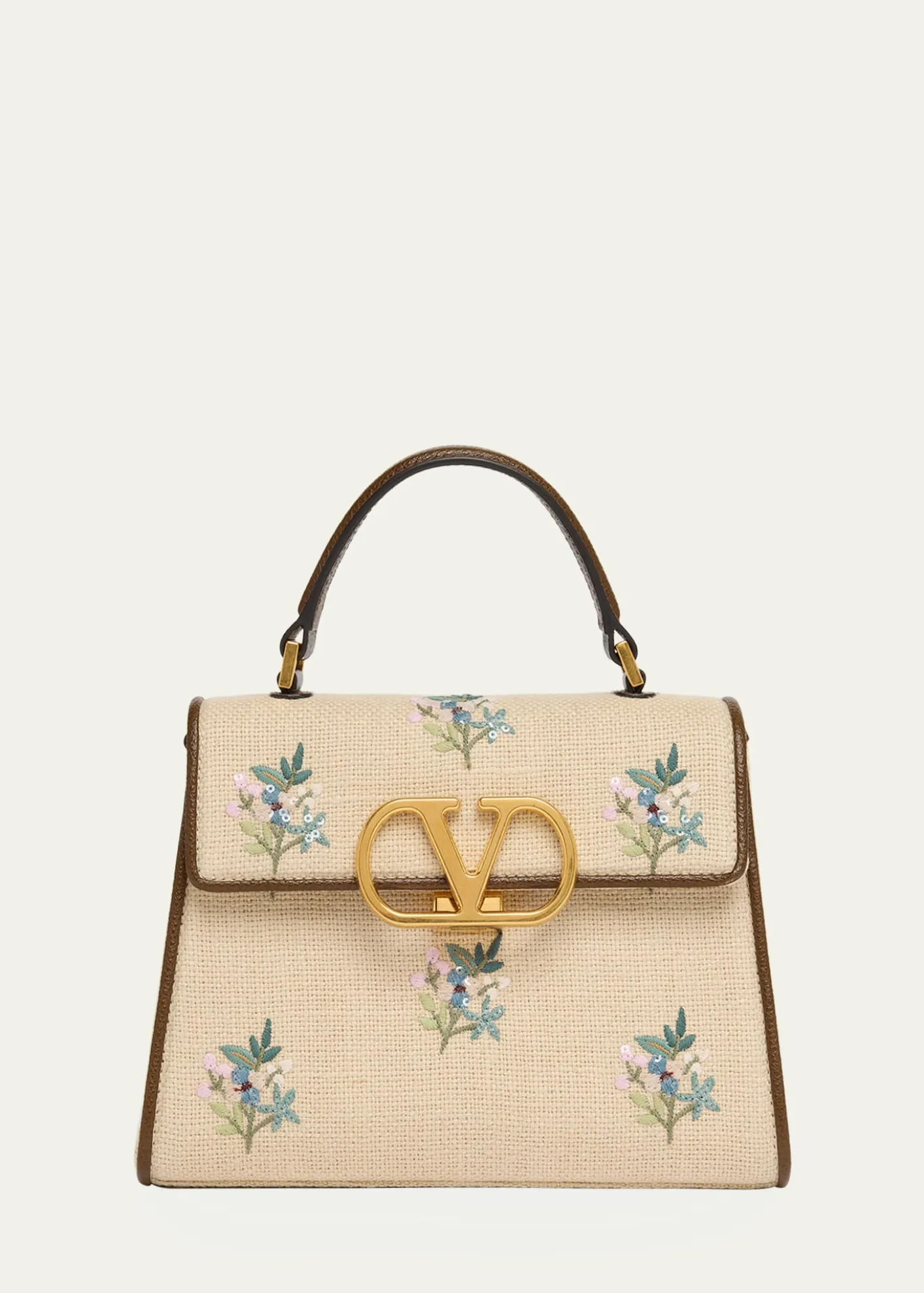 Valentino GaravaniSmall Floral-Embroidered Woven Flax Top-Handle Bag