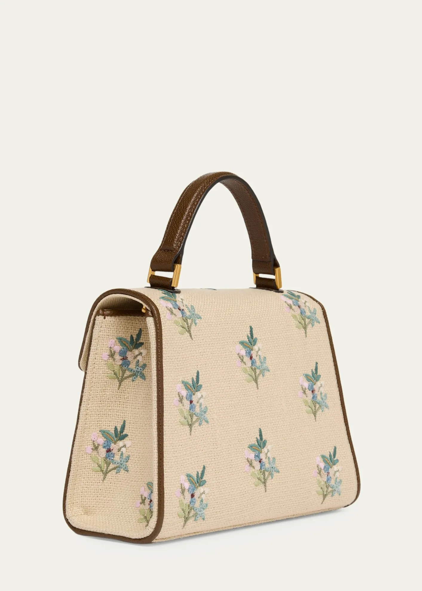 Valentino GaravaniSmall Floral-Embroidered Woven Flax Top-Handle Bag