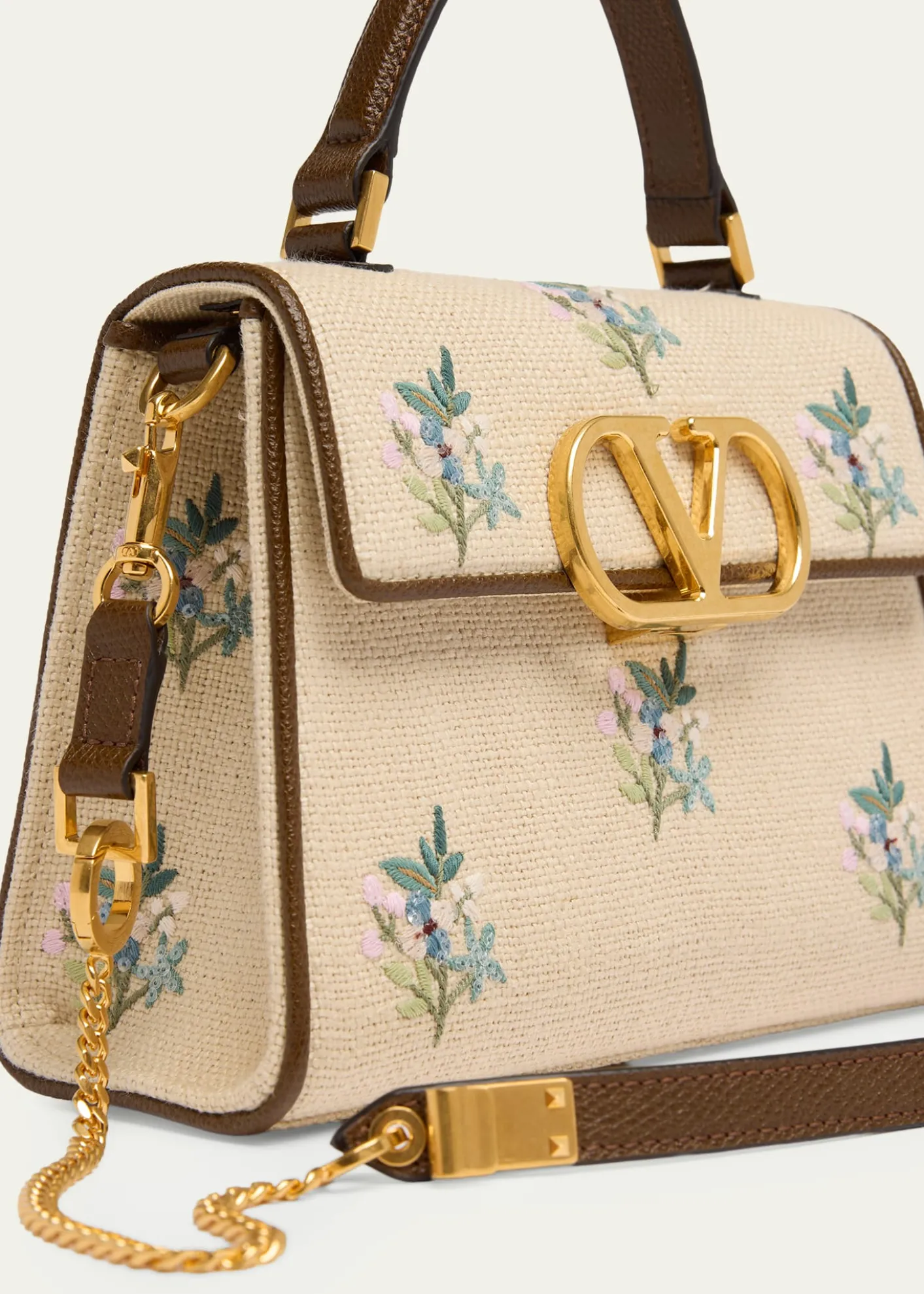 Valentino GaravaniSmall Floral-Embroidered Woven Flax Top-Handle Bag