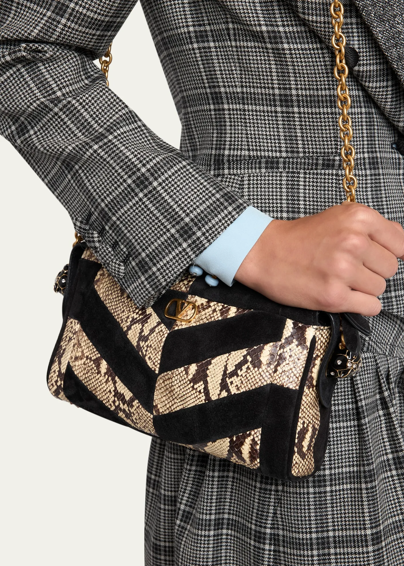Valentino GaravaniSmall Patchwork Suede & Python Shoulder Bag
