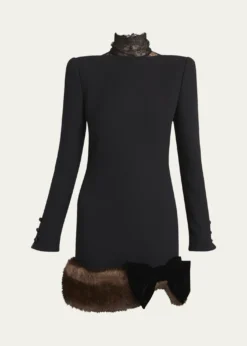 Valentino GaravaniTurtleneck Long-Sleeve Sheep Shearling-Trim Mini Dress