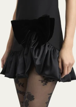 Valentino GaravaniVelvet Bow Ruffle Short-Sleeve Mini Dress