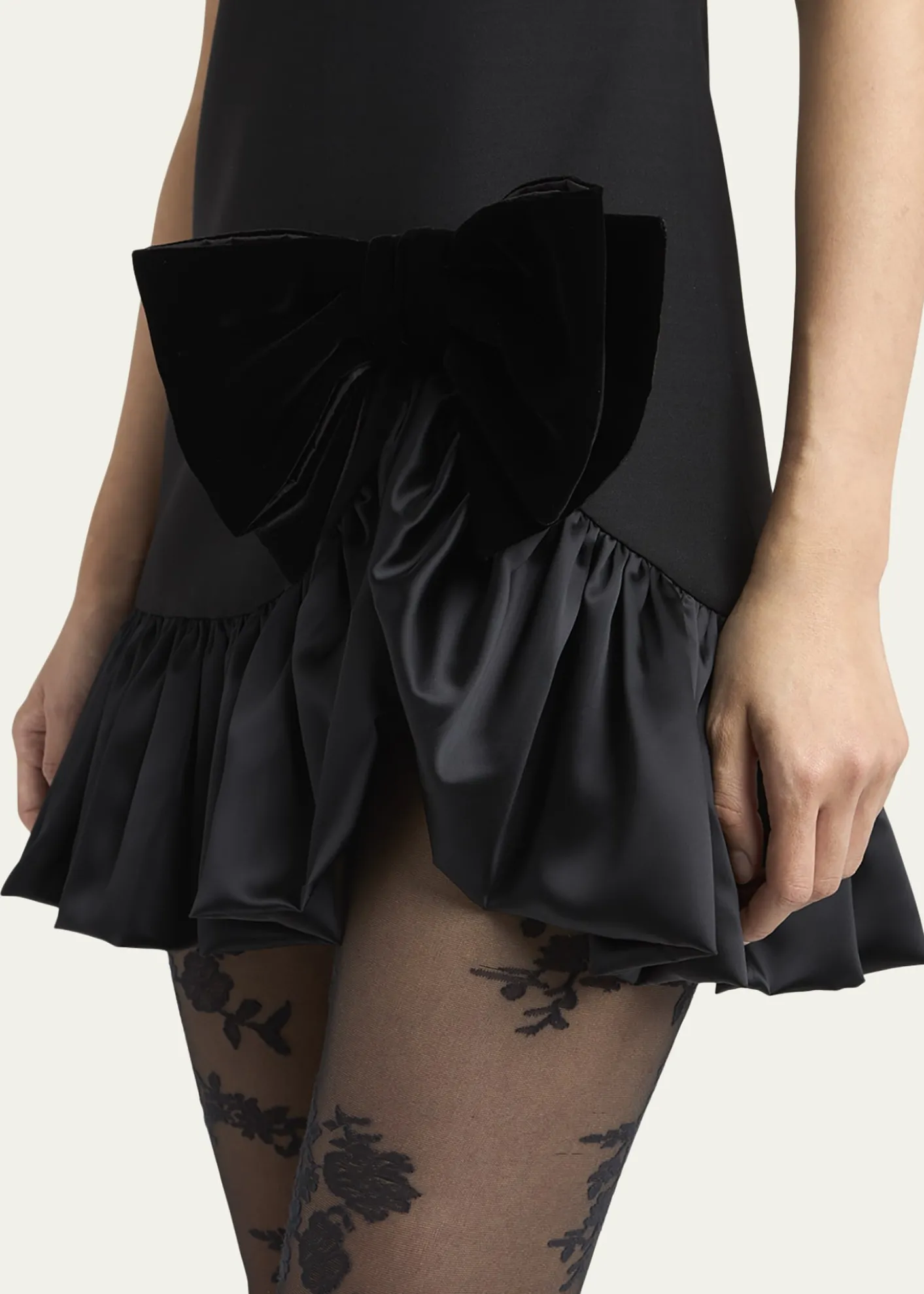 Valentino GaravaniVelvet Bow Ruffle Short-Sleeve Mini Dress