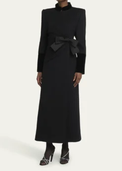Valentino GaravaniVelvet Bow Double-Breasted Wool-Cashmere Long Coat