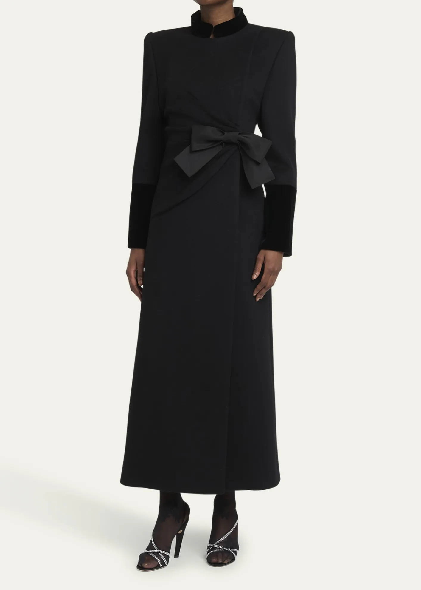 Valentino GaravaniVelvet Bow Double-Breasted Wool-Cashmere Long Coat