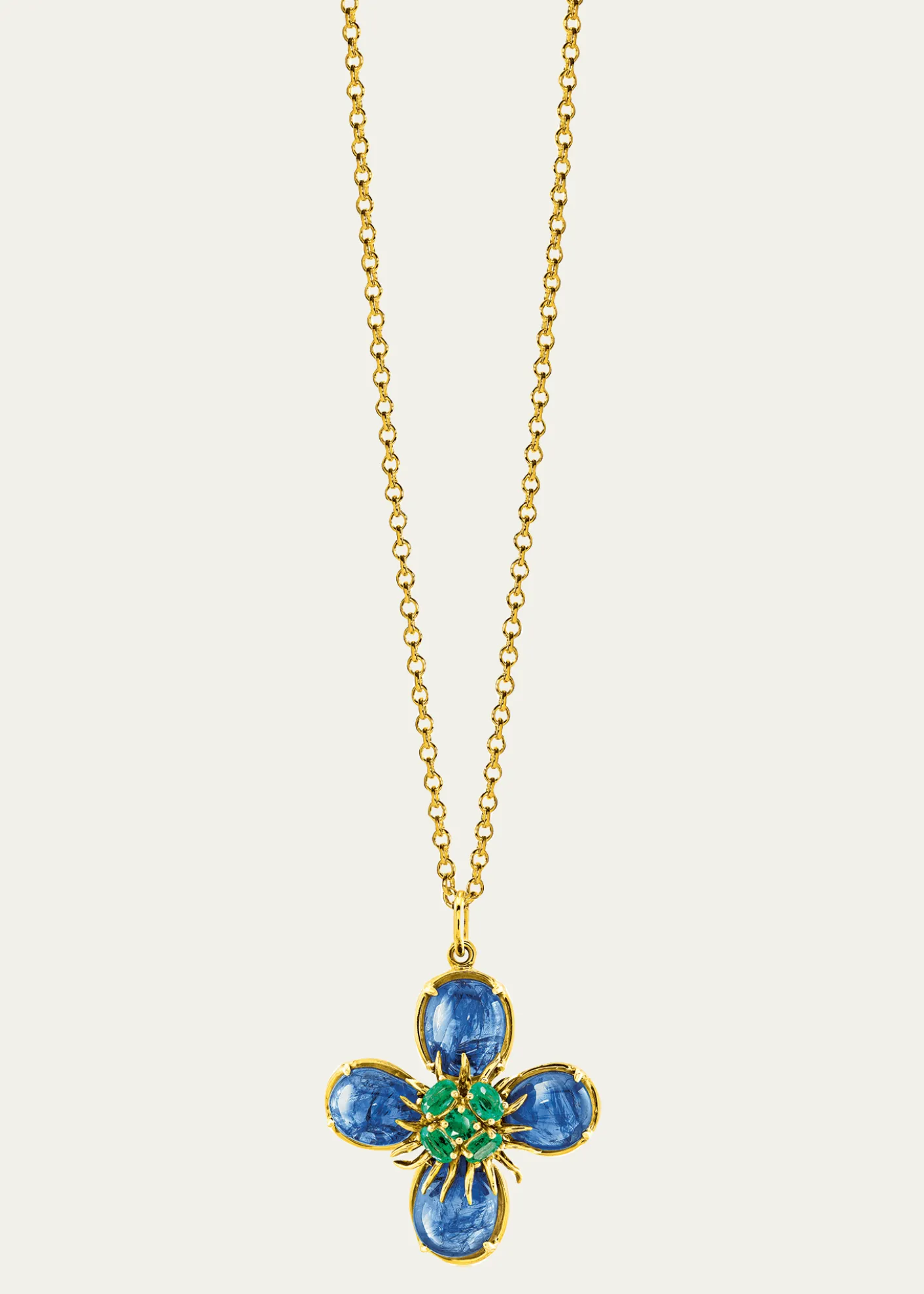 Verdura18K Yellow Gold Sapphire and Emerald Dogwood Pendant Necklace