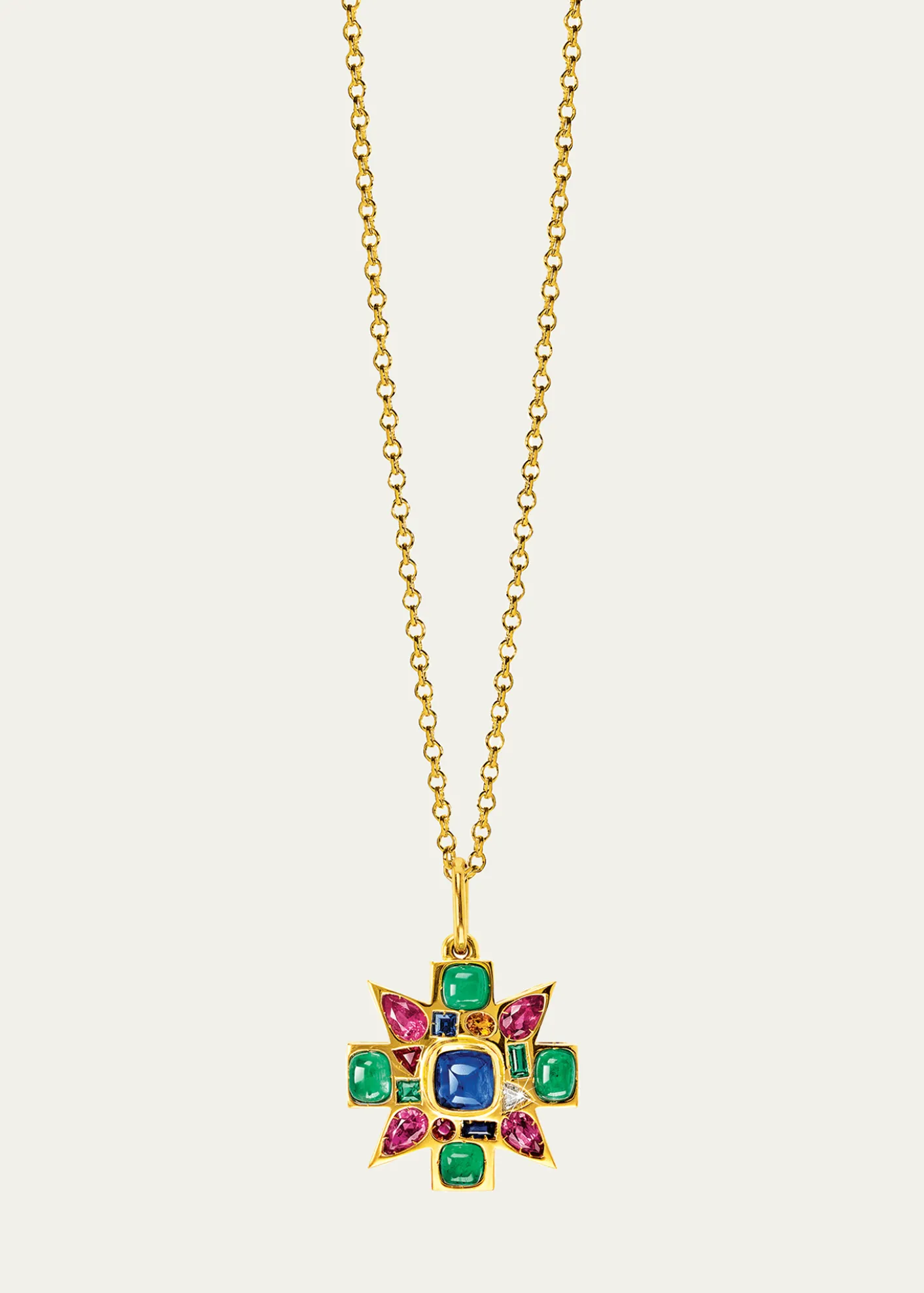 Verdura18K Yellow Gold Sapphire and Emerald Mini Byzantine Pendant Necklace