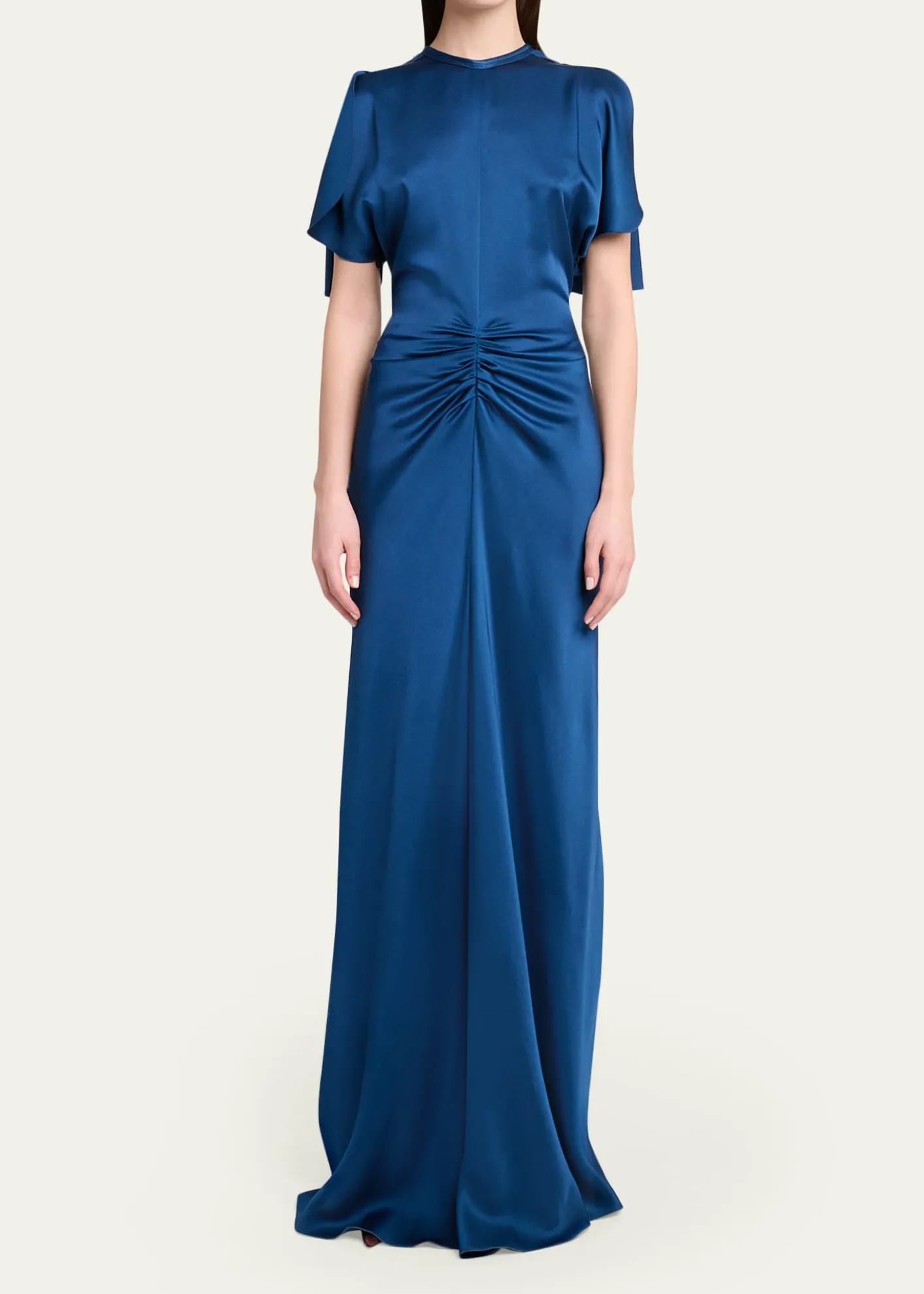 Victoria BeckhamGathered Waist Flutter-Sleeve Satin Gown