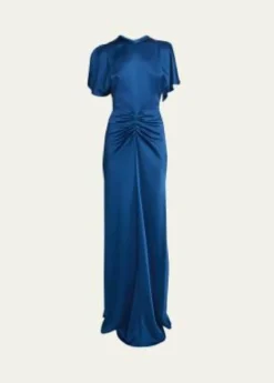 Victoria BeckhamGathered Waist Flutter-Sleeve Satin Gown