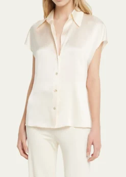 VinceCap-Sleeve Ruched-Back Silk Blouse