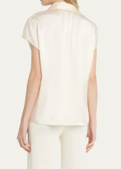 VinceCap-Sleeve Ruched-Back Silk Blouse