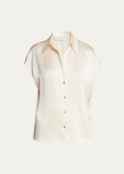 VinceCap-Sleeve Ruched-Back Silk Blouse