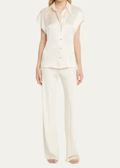 VinceCap-Sleeve Ruched-Back Silk Blouse