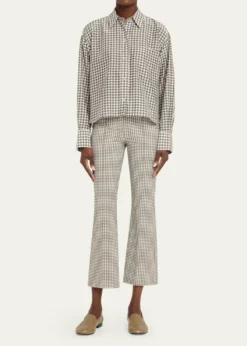 VinceLong-Sleeve Cropped Cotton-Silk Gingham Shirt