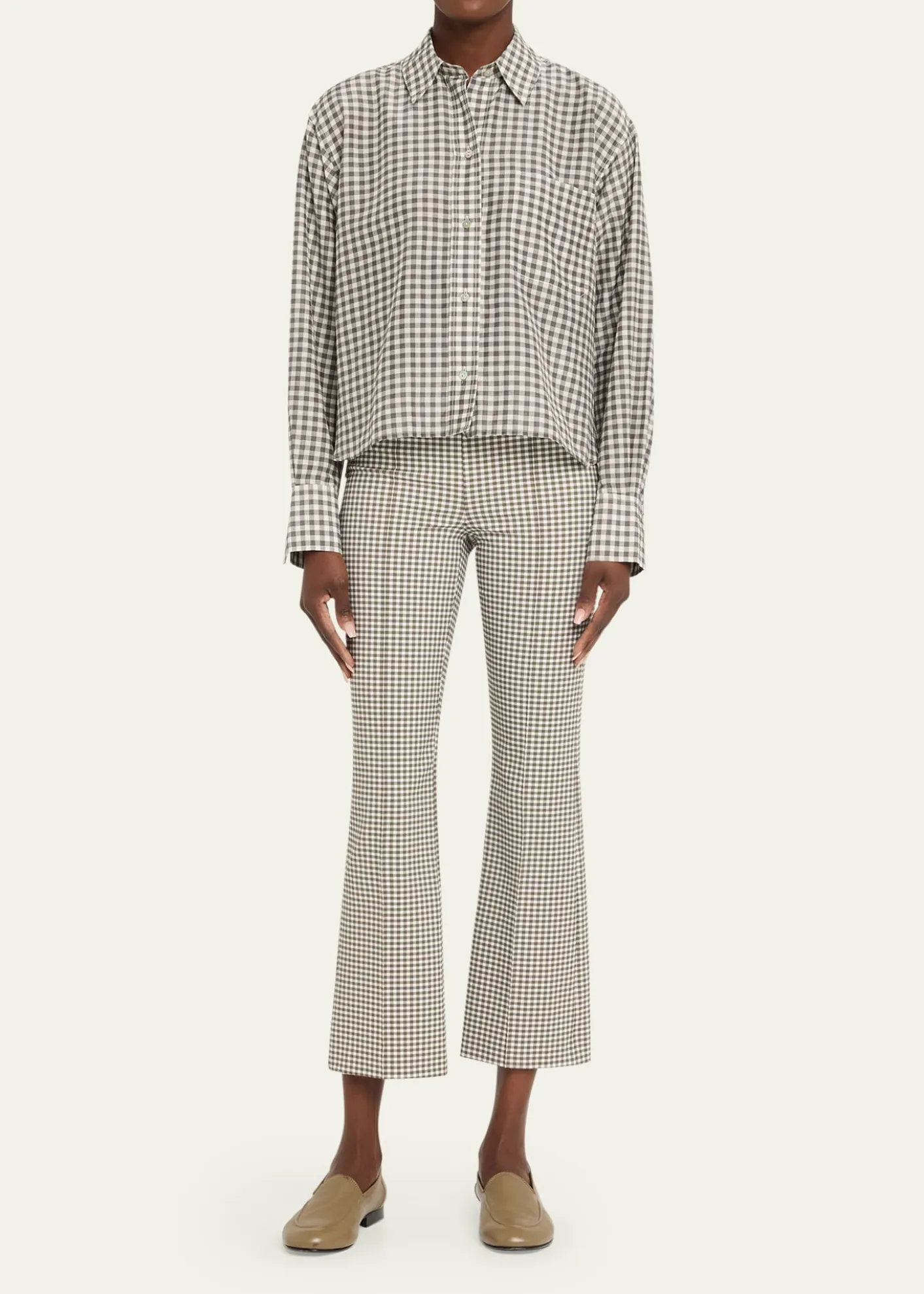 VinceLong-Sleeve Cropped Cotton-Silk Gingham Shirt