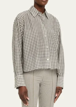 VinceLong-Sleeve Cropped Cotton-Silk Gingham Shirt