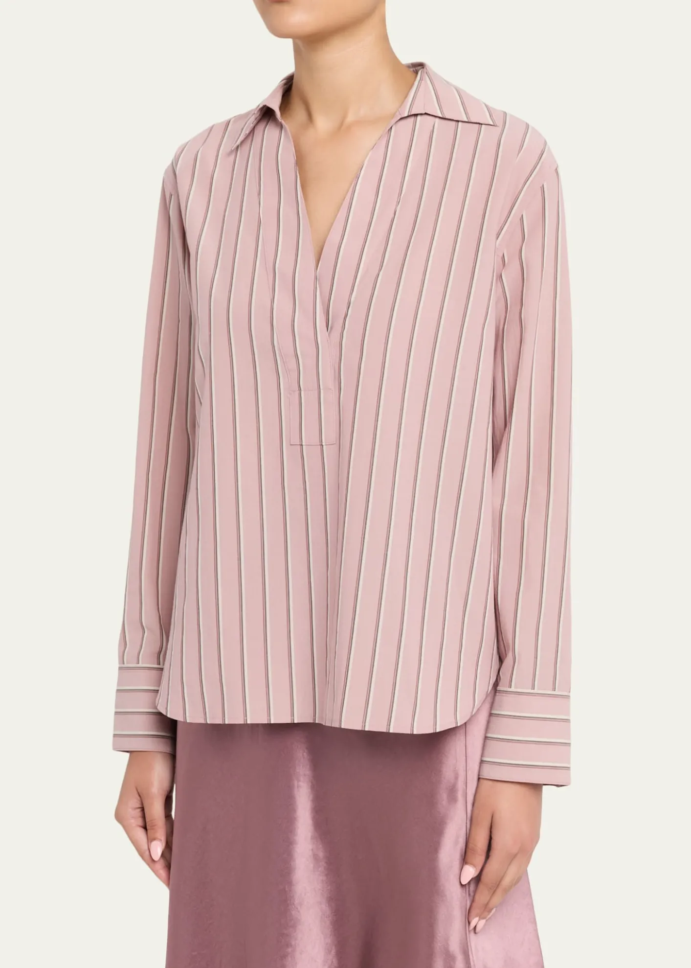 VincePinstripe Long-Sleeve Popover Shirt