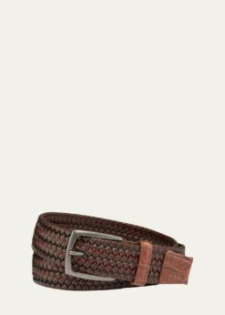 W. KleinbergMen's Woven Leather Stretch Belt with Crocodile Trim