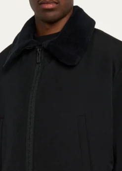 Yohji YamamotoMen's Wool Gabardine Flight Jacket with Removable Faux Fur Collar